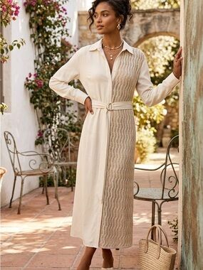 MUSE Couture NWT mixed media shirt dress/ size 12/ crochet knit panel/ MSRP 385